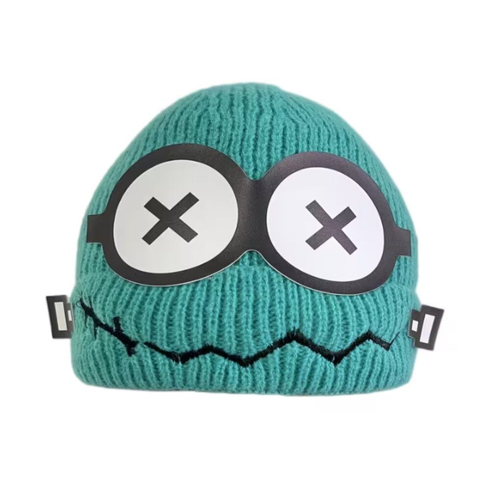Teal Cartoon Knit Beanie Hat – Funny Goggle Eyes & Smile, Winter Skull Cap